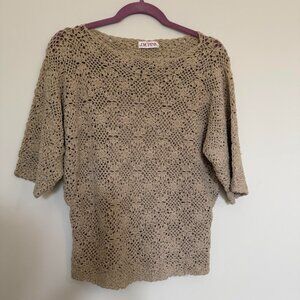 J.M Pink Crochet Floral 3/4 Sleeve Sweater Bohemian Chic Beachy Beige